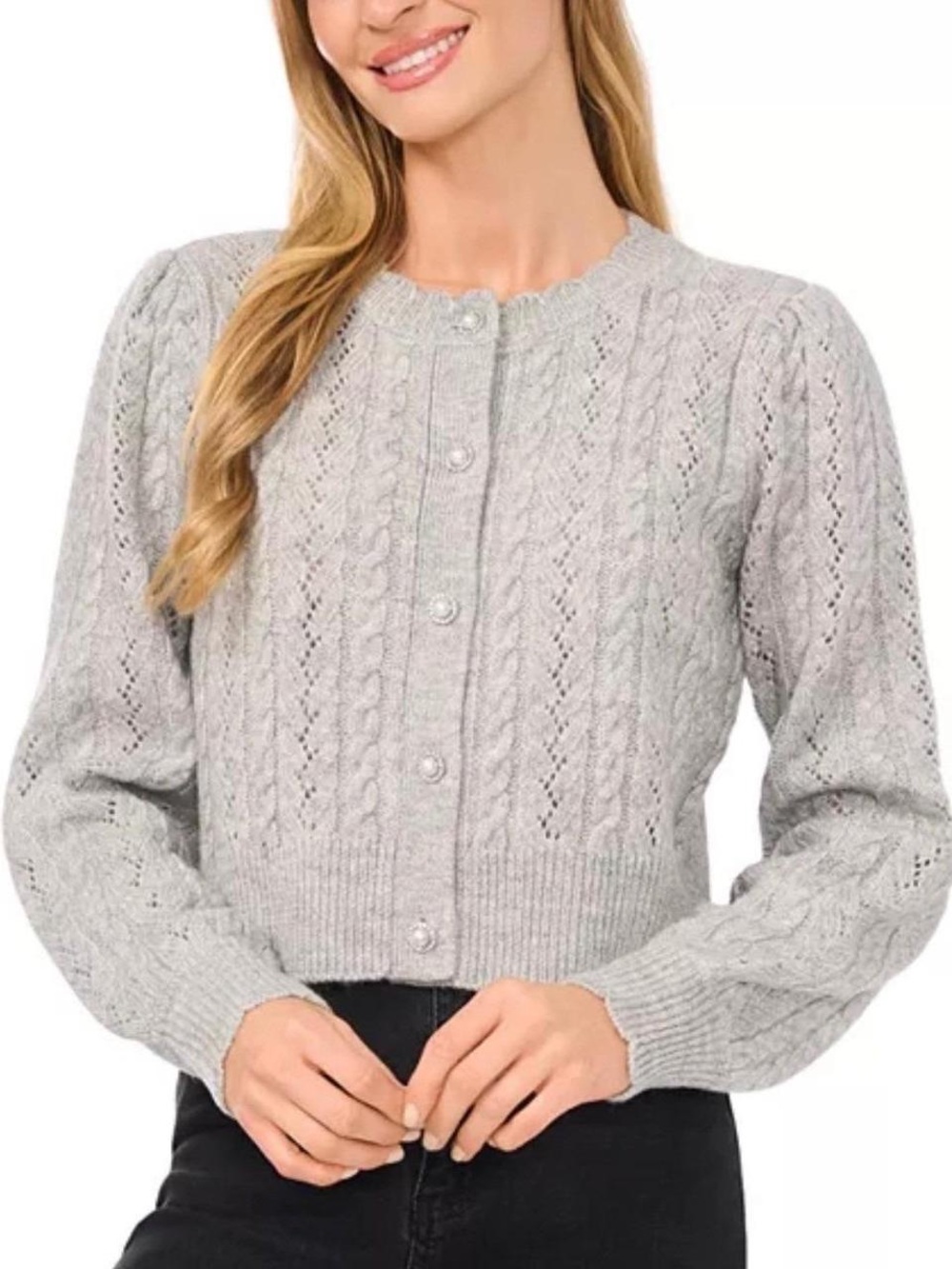 CeCe Light Gray Cable-Knit Button Cardigan with heart buttons
